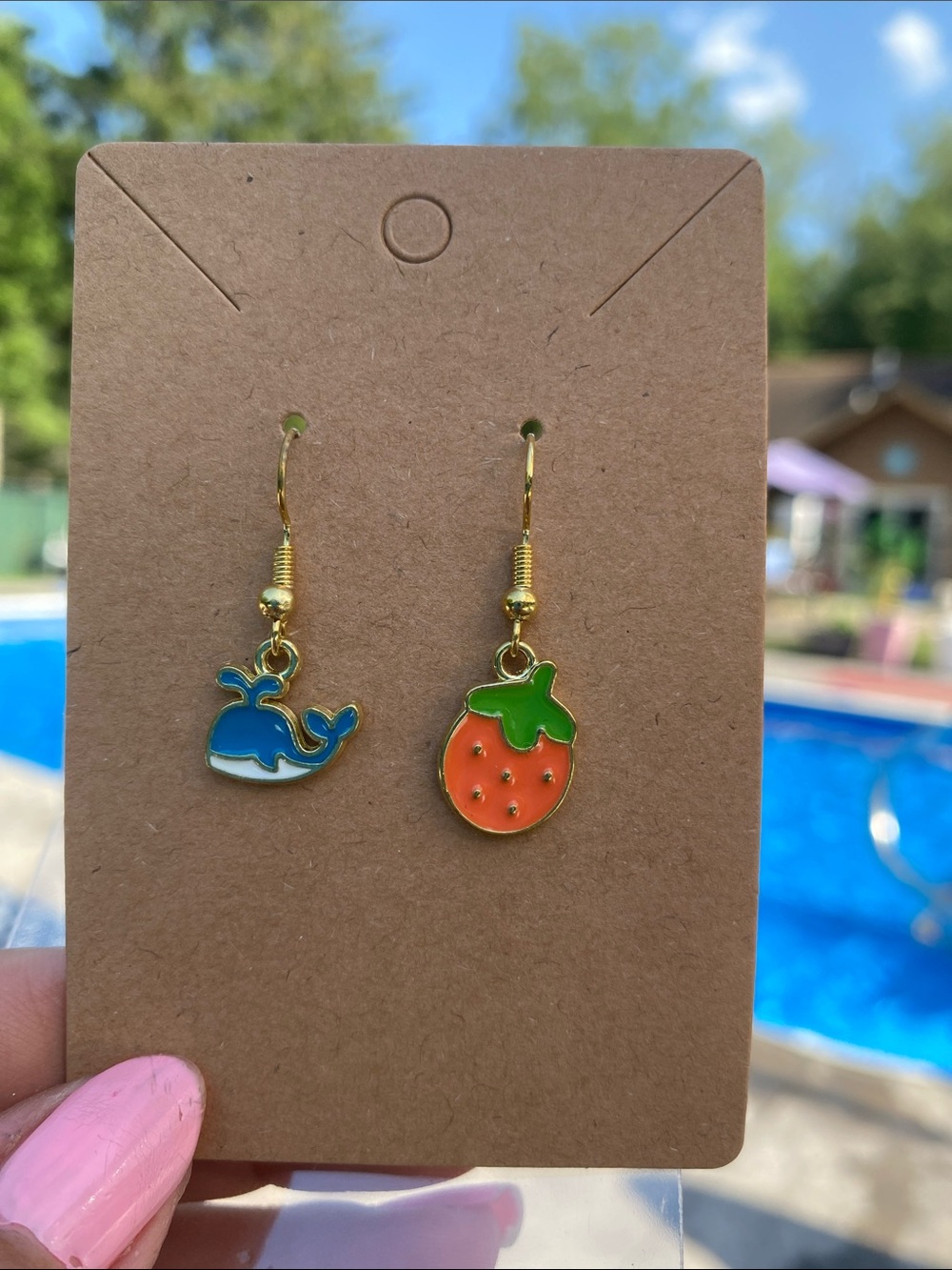 Cute Whale and Strawberry Enamel Drop Earrings - Blue & Orange